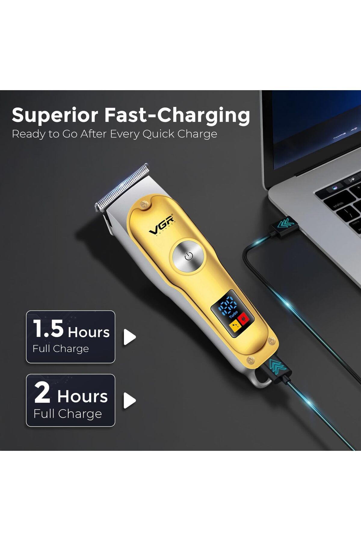 Altın ve gümüş renkli saç kesme makinesi dizüstü bilgisayardan USB ile şarj ediliyor, şarj süresi metniyle.