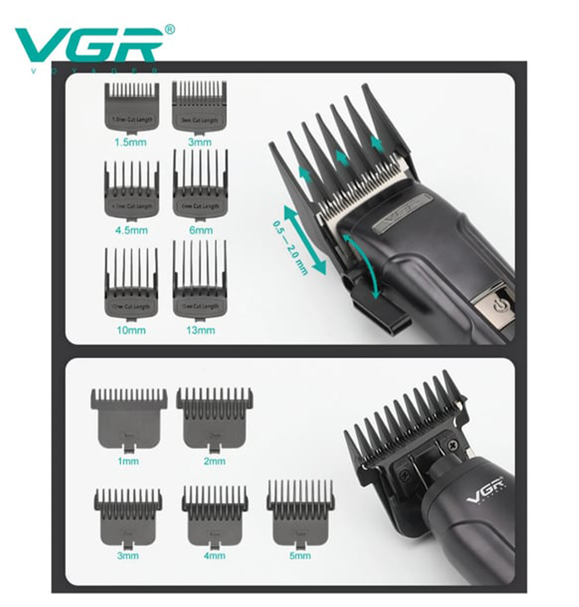 0.5mm ile 13mm arası uzunluklar için çeşitli kılavuz taraklı saç kesme makinesi.