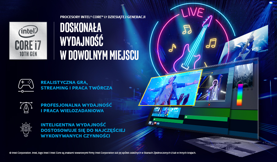 Intel Core i7 10. Generation Promo-Bild mit Neon-Live-Gitarre, Text und Videobearbeitungs-Display.