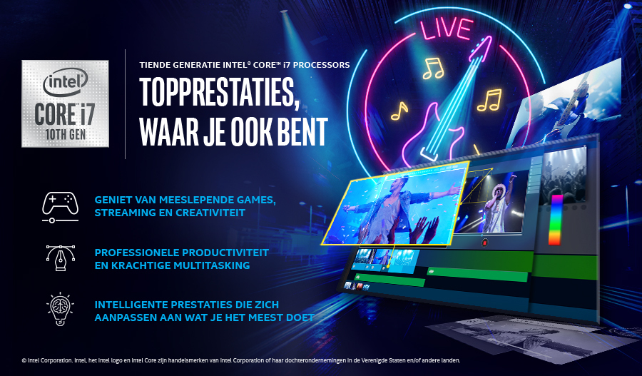 Intel Core i7 10. Gen Promo mit Text, Laptop und Neon-Gitarre vor blauem Hintergrund.