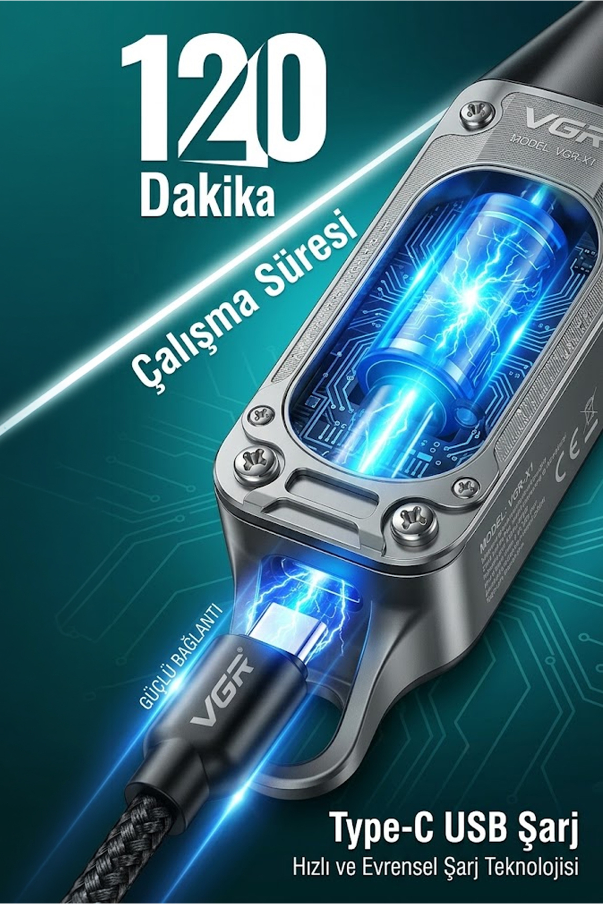 Gümüş renkli tıraş makinesi Type-C kablo ile şarj oluyor; mavi elektrik kıvılcımları var.