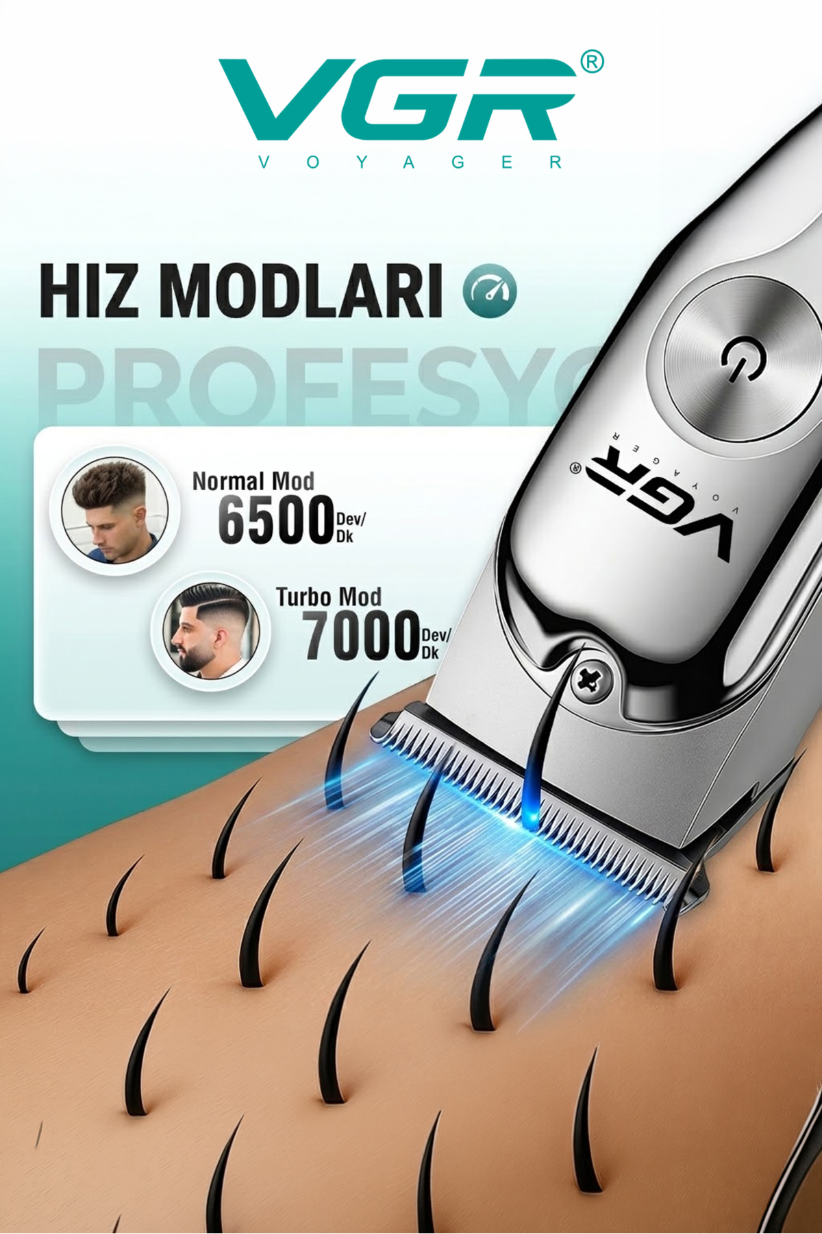 Cilt üzerindeki kılları kesen saç kesme makinesi, metin ve iki hız moduyla.