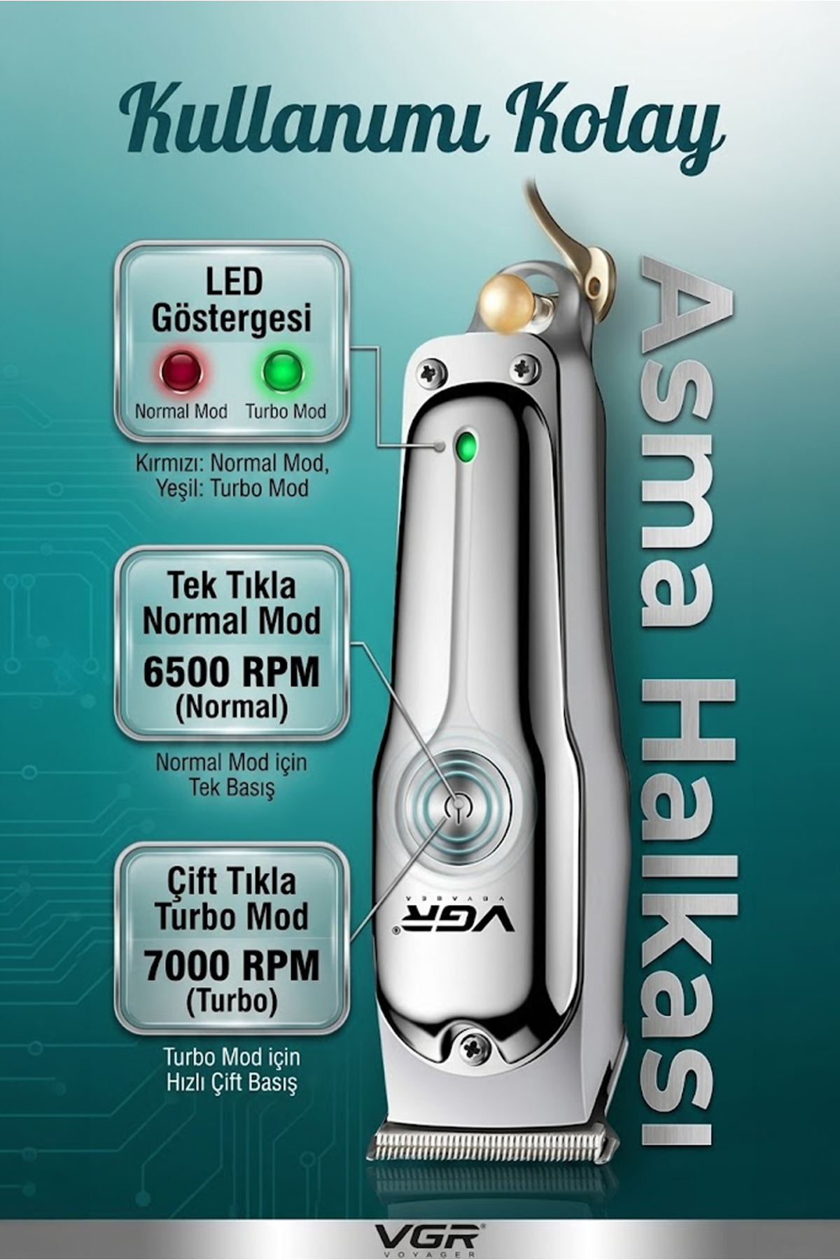 LED göstergesi, normal ve turbo mod özelliklerini vurgulayan bir VGR saç kesme makinesi reklamı.