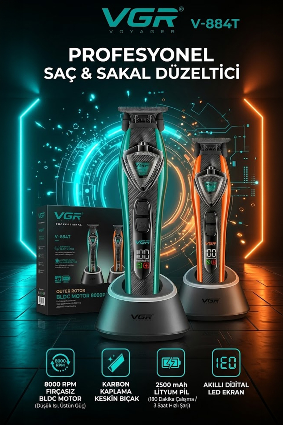 Şarj standları, kutusu ve özellik simgeleriyle yeşil ve turuncu VGR V-884T saç kesme makineleri.
