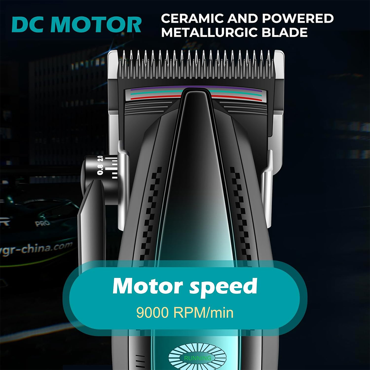 DC motorlu ve seramik toz metalurjik bıçaklı, 9000 RPM hızında saç kesme makinesi.