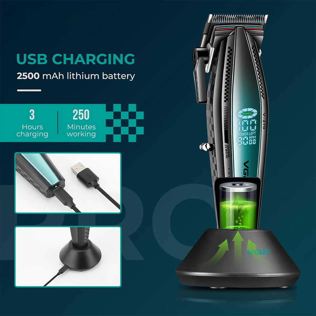 USB şarjlı, 2500 mAh pilli, 3 saat şarj süreli ve 250 dakika çalışma süreli saç kesme makinesi.