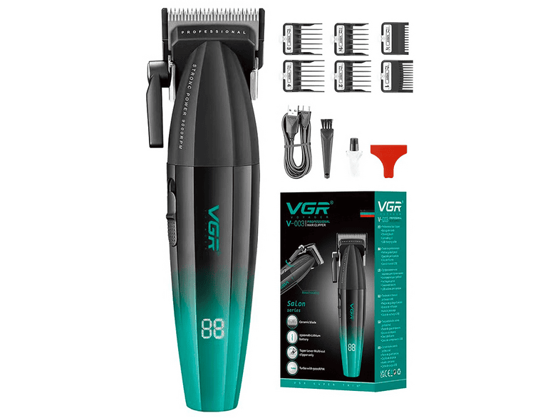 VGR V-003 Profesyonel Saç Kesme Makinesi 9000 RPM Vektör/Manyetik Motor DLC Bıçak Şarjlı Tıraş Makinesi Siyah
