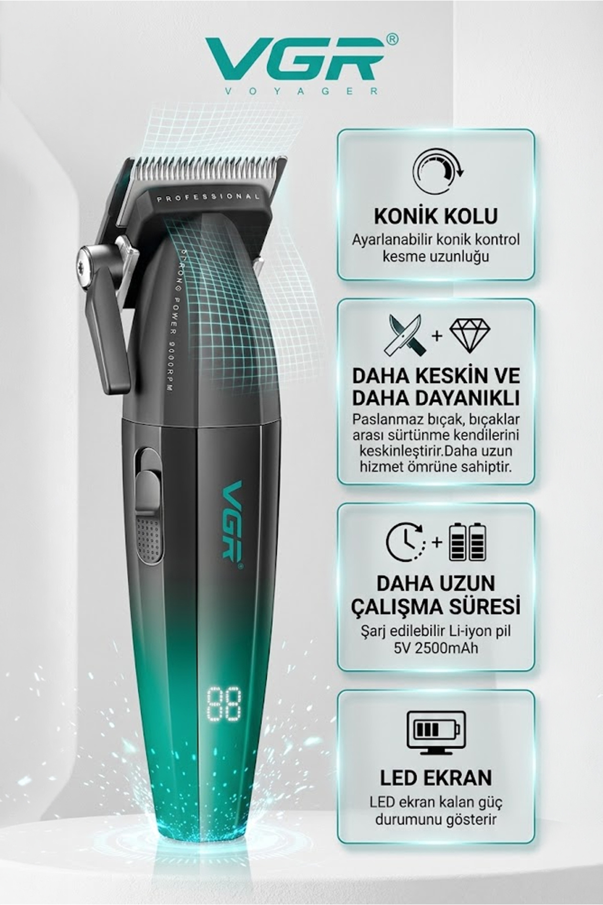 Yeşil-siyah geçişli gövdeye, LED ekrana ve dört özellik kutucuğuna sahip VGR profesyonel saç kesme makinesi.