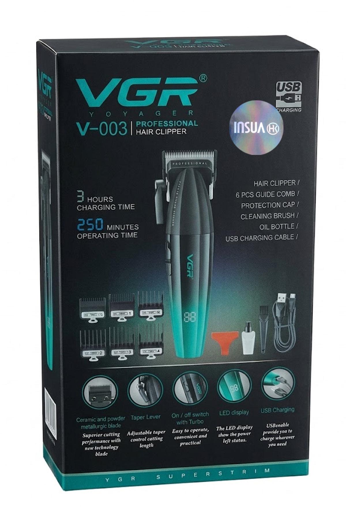 VGR V-003 profesyonel saç kesme makinesi için siyah ve turkuaz kutu, cihaz ve aksesuarlar.