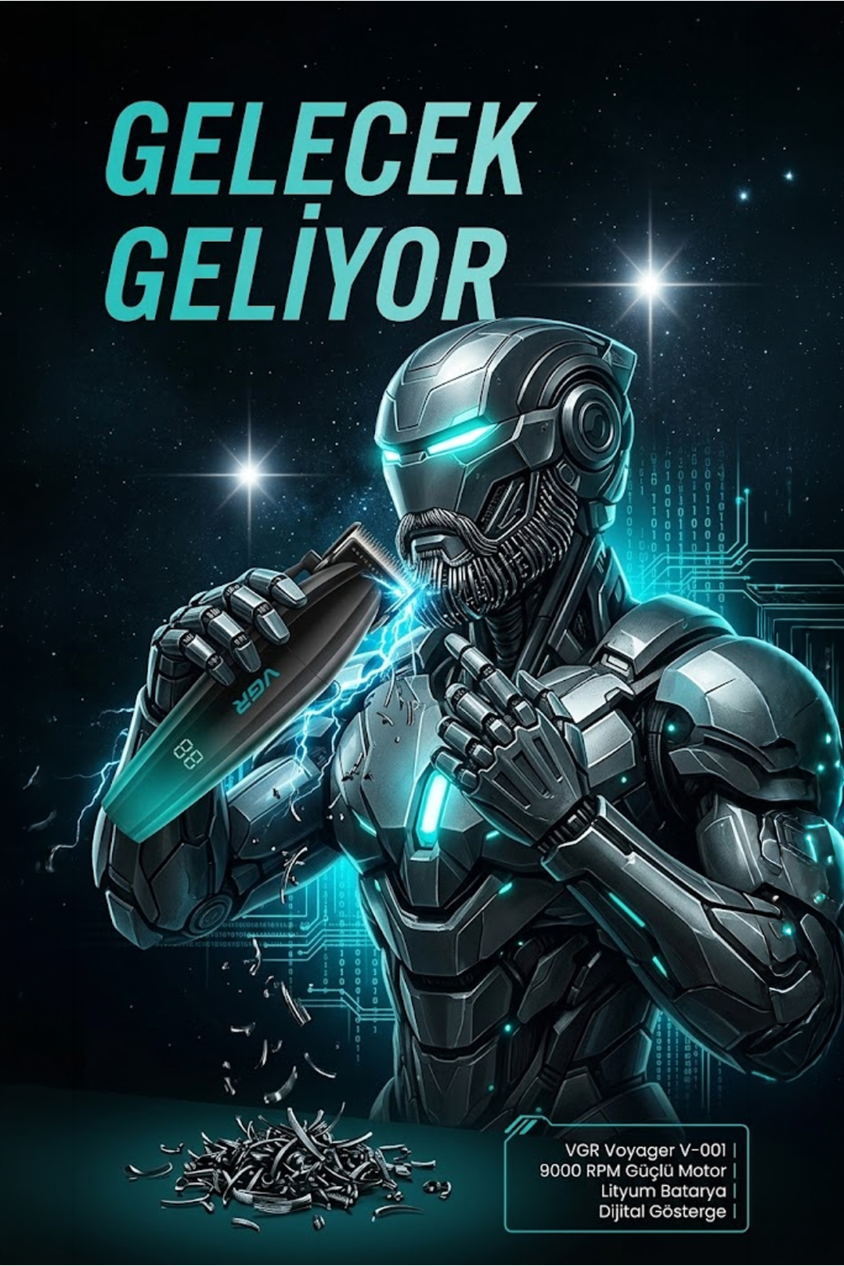 Yıldızlı bir arka planda elektrikli saç kesme makinesiyle tıraş olan yüksek teknoloji kıyafetli cyborg.