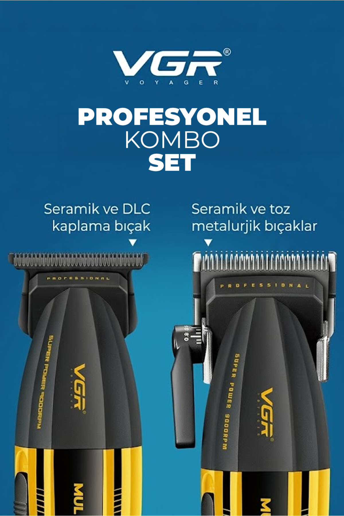 Mavi arka plan üzerinde siyah ve altın renkli VGR profesyonel kombo saç ve sakal kesme makinesi.