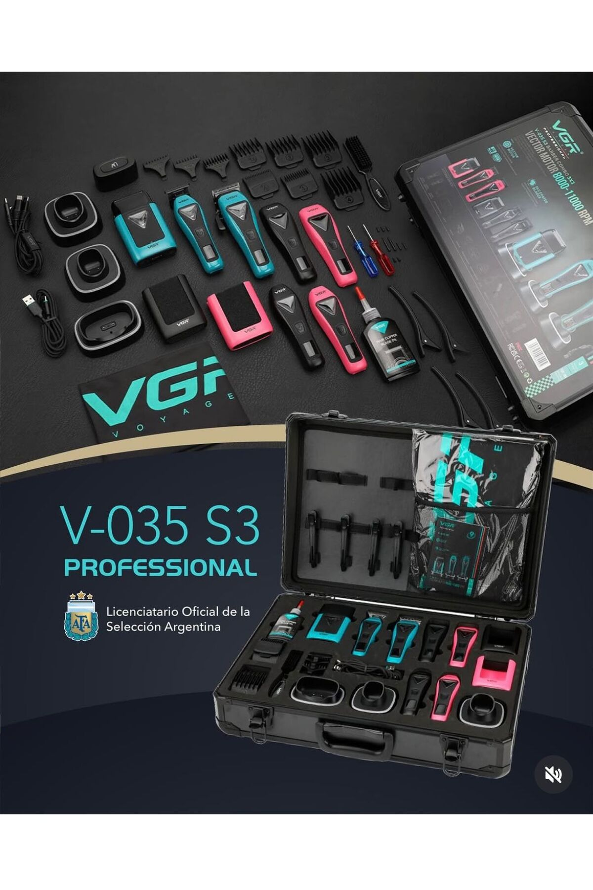 Aksesuarlı ve çantalı VGR V-035 S3 Profesyonel saç kesme makinesi seti.
