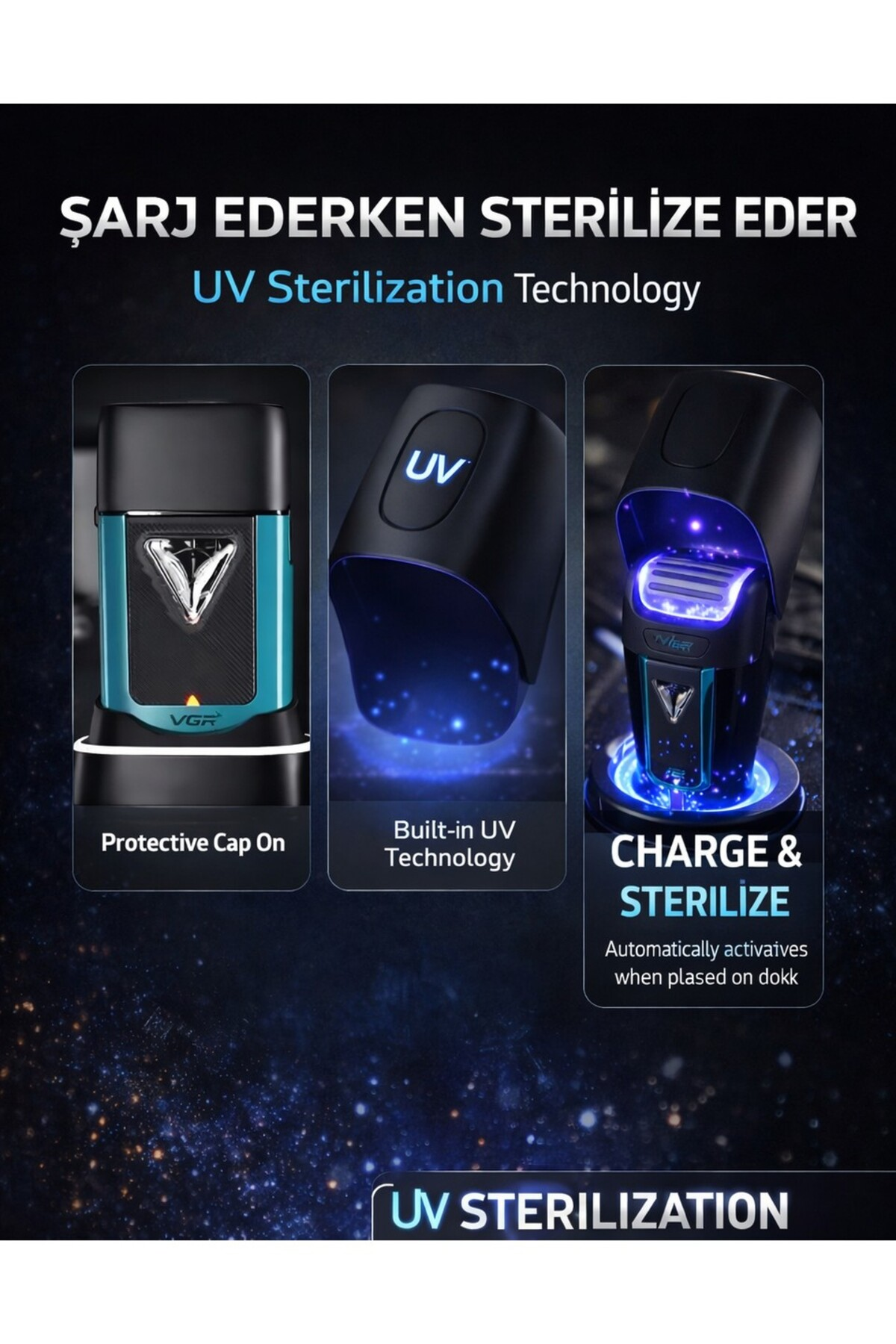 Tıraş makineleri için UV sterilizasyon ürün reklamı.