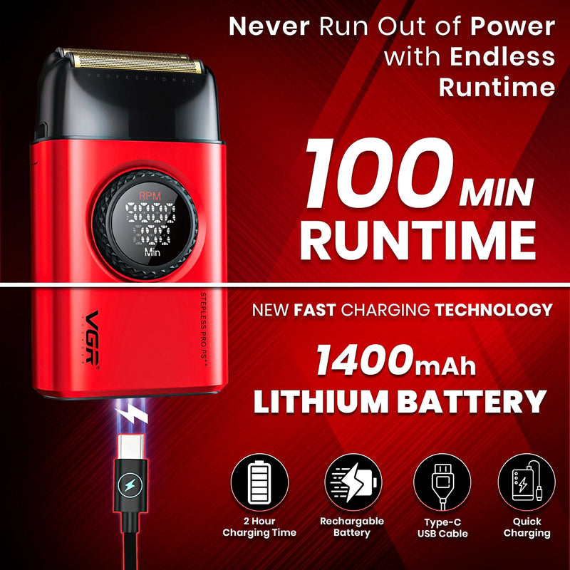 Kırmızı arka planda dijital ekranlı, USB-C kablolu ve promosyon metinli kırmızı elektrikli tıraş makinesi.