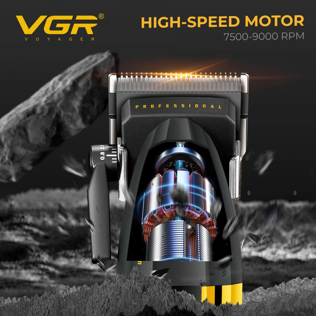 Karanlık ve kayalık bir arka planda yüksek hızlı motoru görünen bir VGR saç kesme makinesi.
