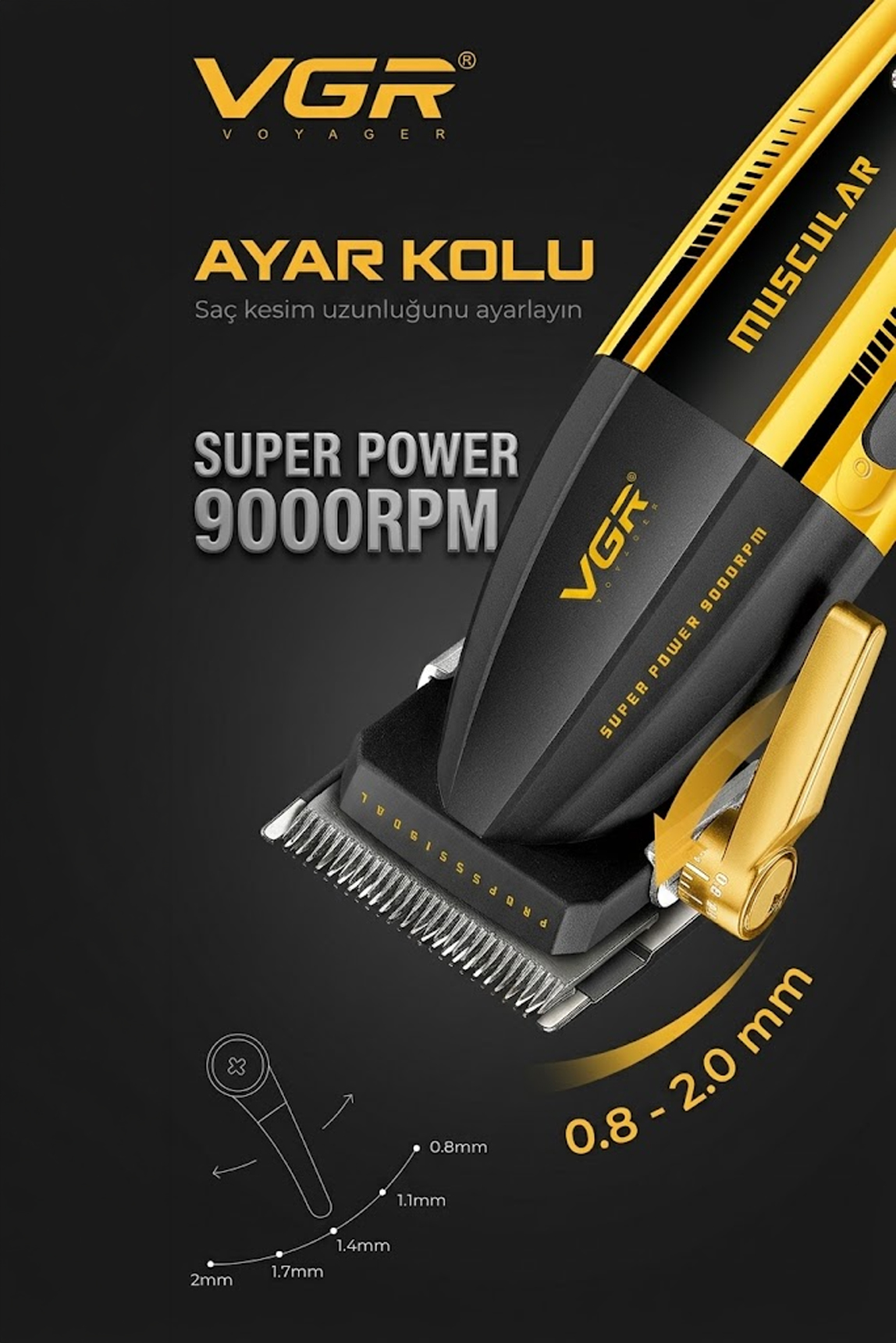 Siyah ve altın renkli VGR tıraş makinesi, 0.8-2.0mm ayar kolunu ve bıçağını gösteriyor.