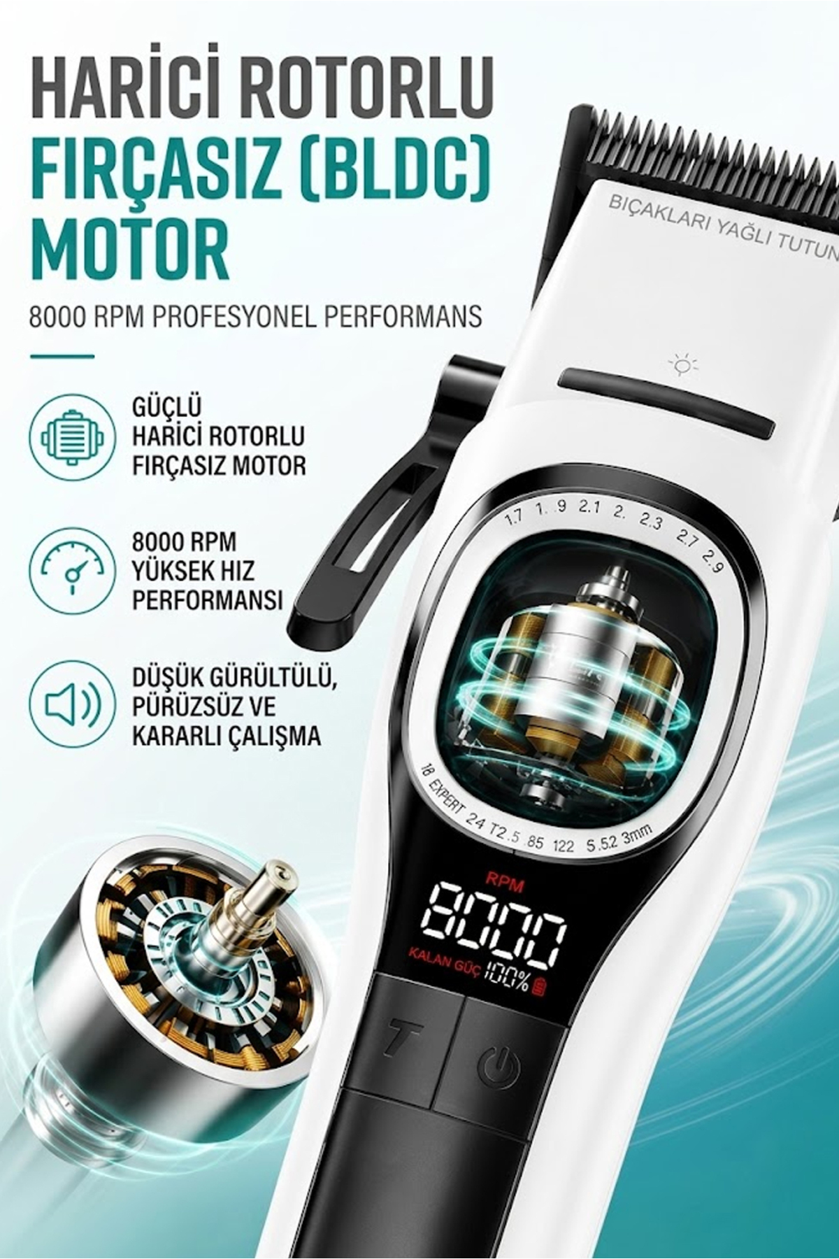 Sol tarafta Türkçe metin, dijital ekran ve BLDC motor gösteren beyaz saç kesme makinesi.