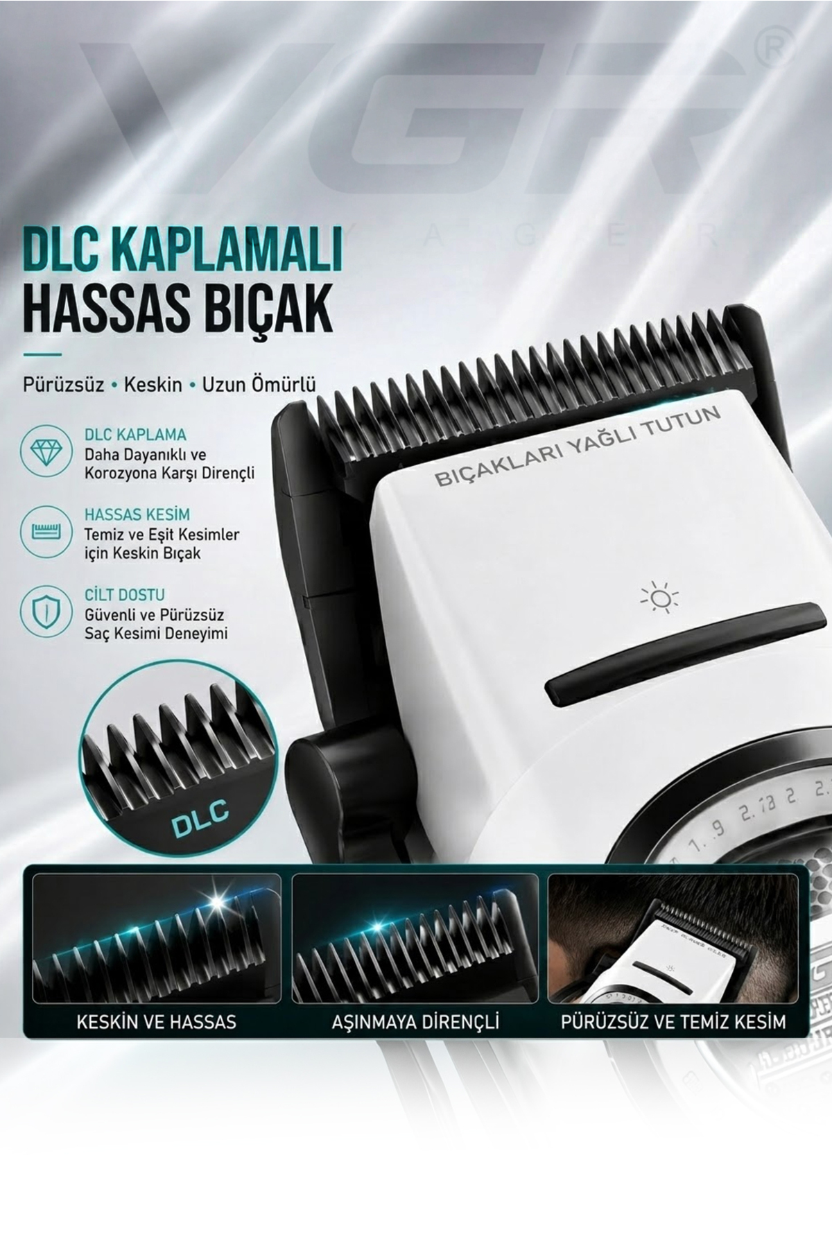 DLC bıçaklı, beyaz gövdeli ve turkuaz yazılı saç kesme makinesi tanıtım görseli.