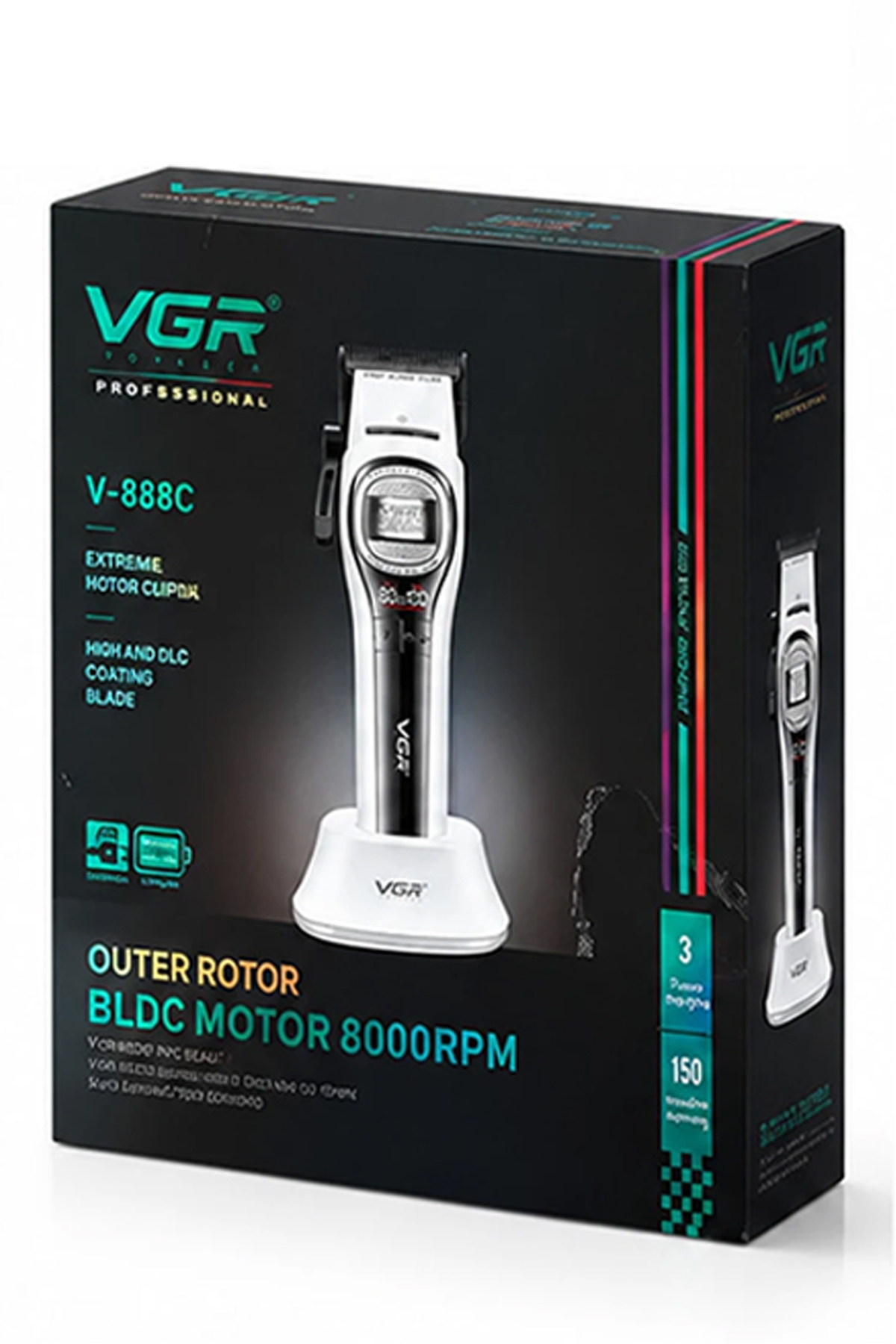 Stand üzerinde beyaz tıraş makinesi bulunan siyah VGR V-888C kutusu.