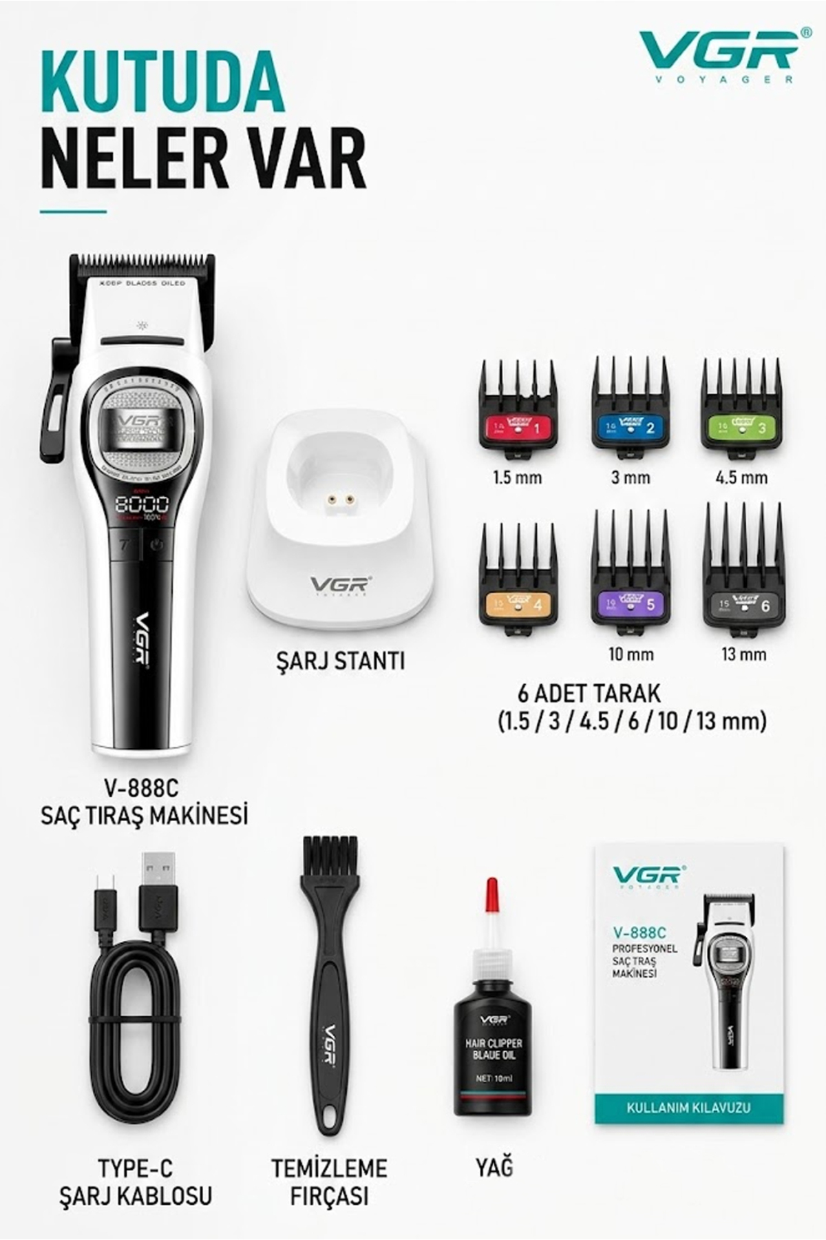 Şarj stantlı, 6 taraklı, USB-C kablolu, temizleme fırçalı, yağlı ve kılavuzlu VGR V-888C saç kesme makinesi.