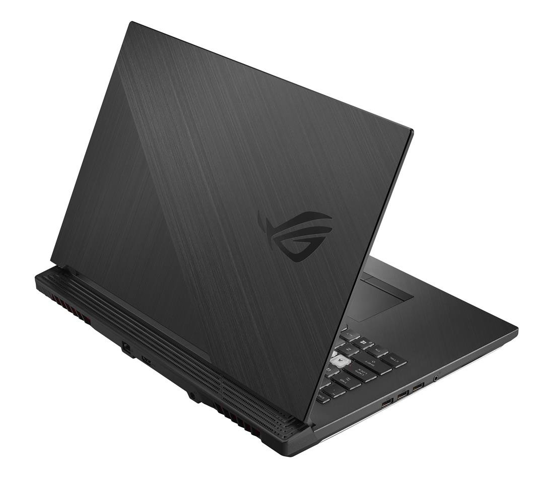 Ein schwarzer Asus ROG Gaming-Laptop mit geschlossenem Display auf weißem Hintergrund.