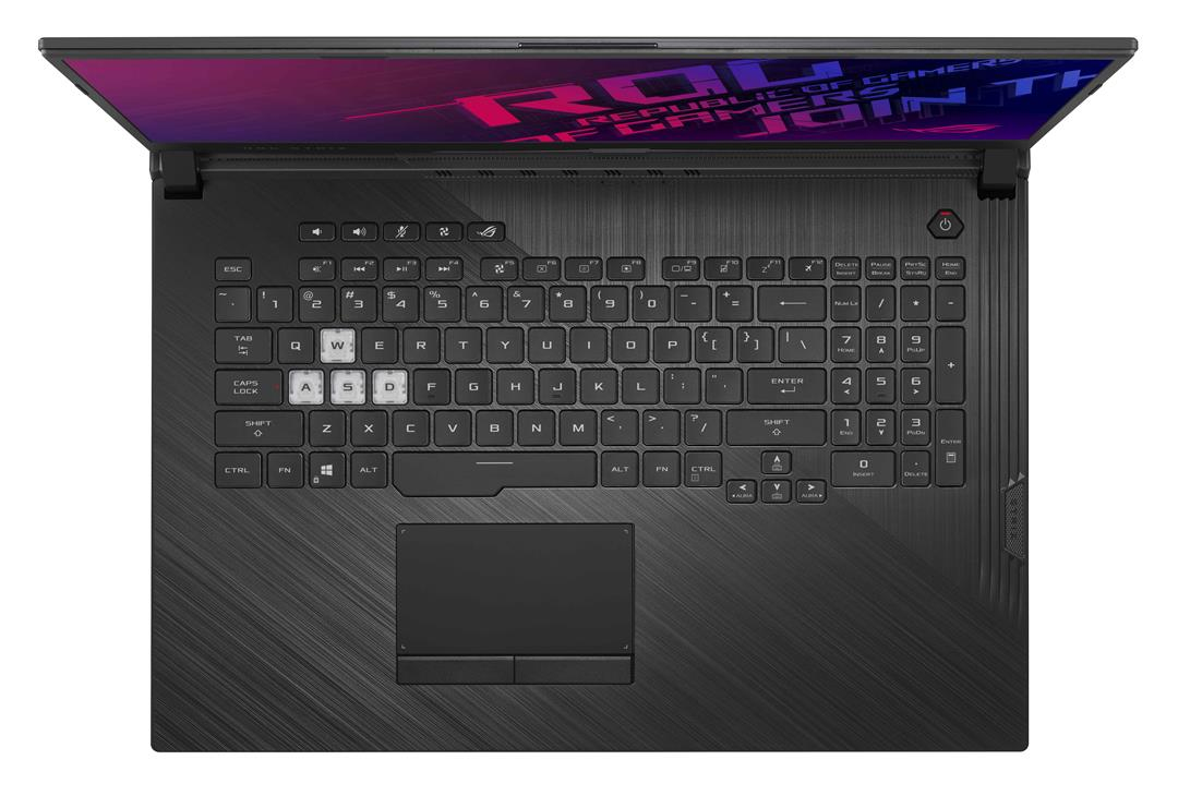Draufsicht eines schwarzen Gaming-Laptops mit beleuchteter Tastatur und ROG-Logo auf dem Bildschirm.