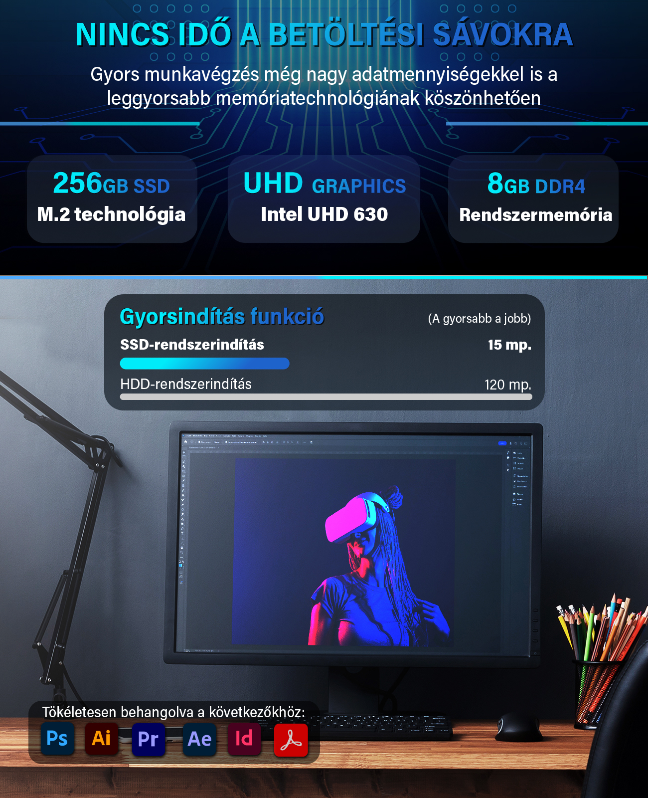 Műszaki adatok és szoftverikonok számítógépes képernyőn, asztali lámpával és ceruzákkal.