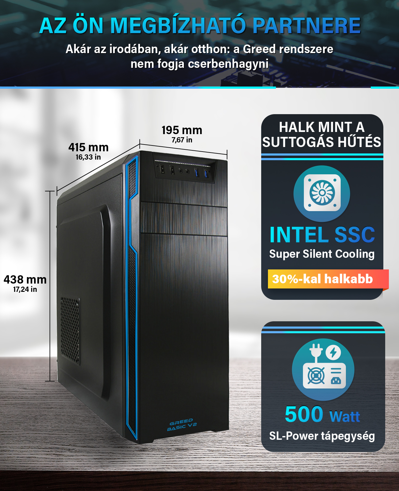 Fekete PC-ház méretekkel, Intel SSC hűtéssel és 500 wattos tápegységgel.