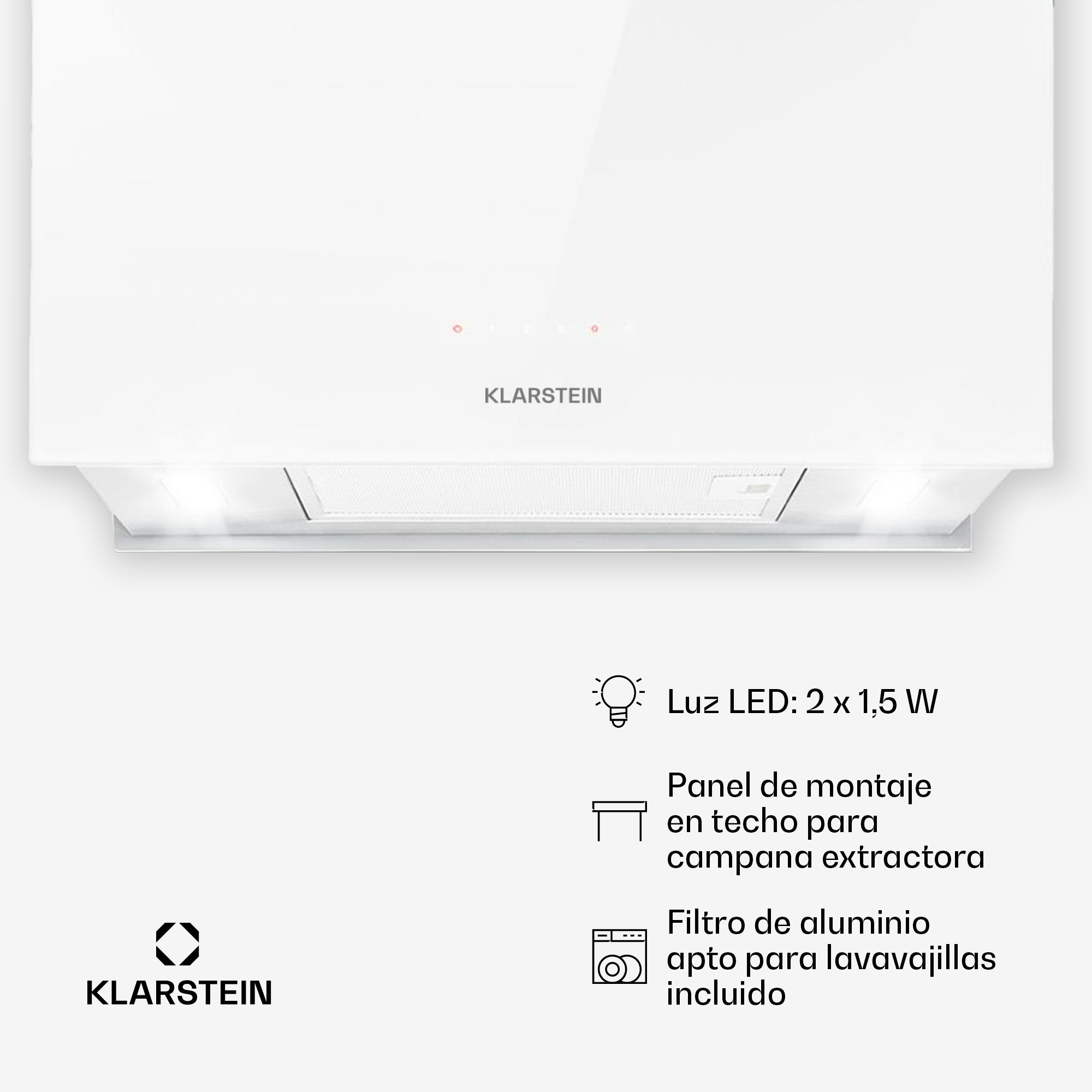 Weiße Klarstein Dunstabzugshaube mit LED-Beleuchtung und Text auf Spanisch über Funktionen.