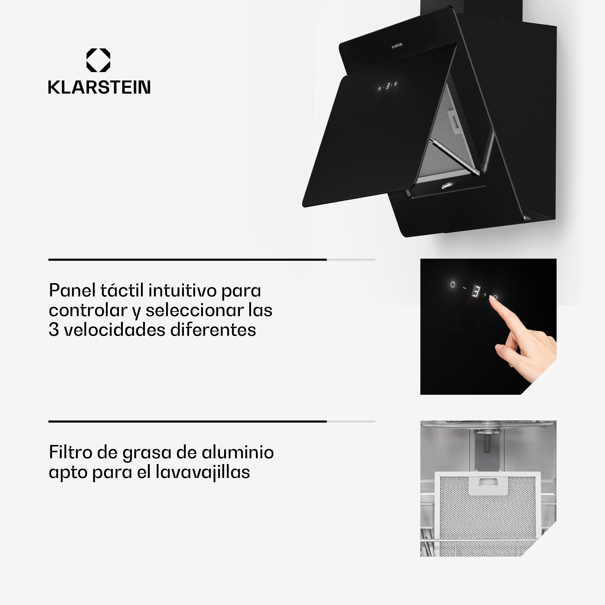Klarstein-Dunstabzugshaube mit Touch-Bedienfeld und Aluminium-Fettfilter.