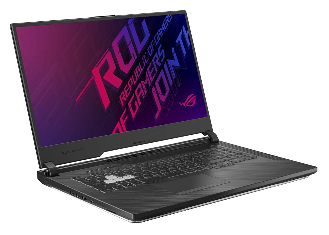 Ein offener, schwarzer Gaming-Laptop mit lila ROG-Hintergrundbild und Tastatur mit weißen WASD-Tasten.