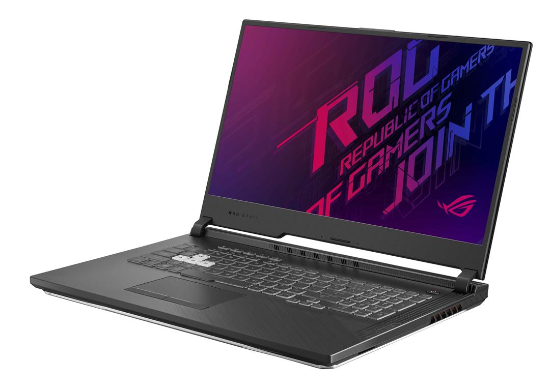 Ein schwarzer Asus ROG Strix Gaming-Laptop steht auf einer weißen Oberfläche und zeigt ein violettes Markenlogo auf dem Bildschirm.