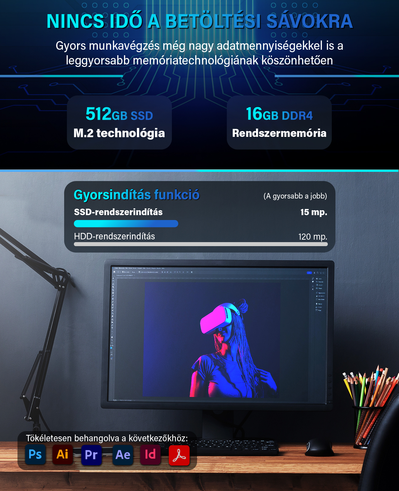 Számítógépes beállítás SSD és RAM specifikációkkal, valamint Adobe szoftverlogókkal.