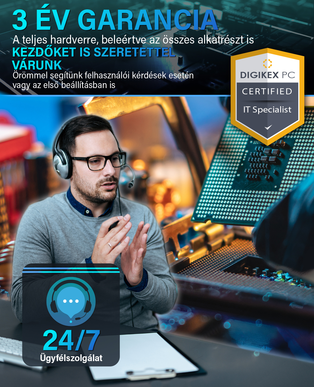 Egy headsetes IT-támogatás munkatárs beszélni computer chip háttér előtt, szöveggel és jelvénnyel.