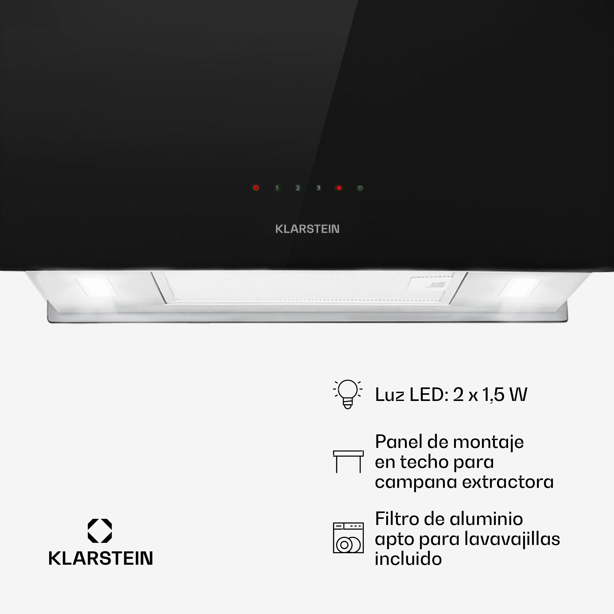 Cappa aspirante Klarstein con illuminazione LED, pulsanti integrati e filtro in alluminio su sfondo bianco.