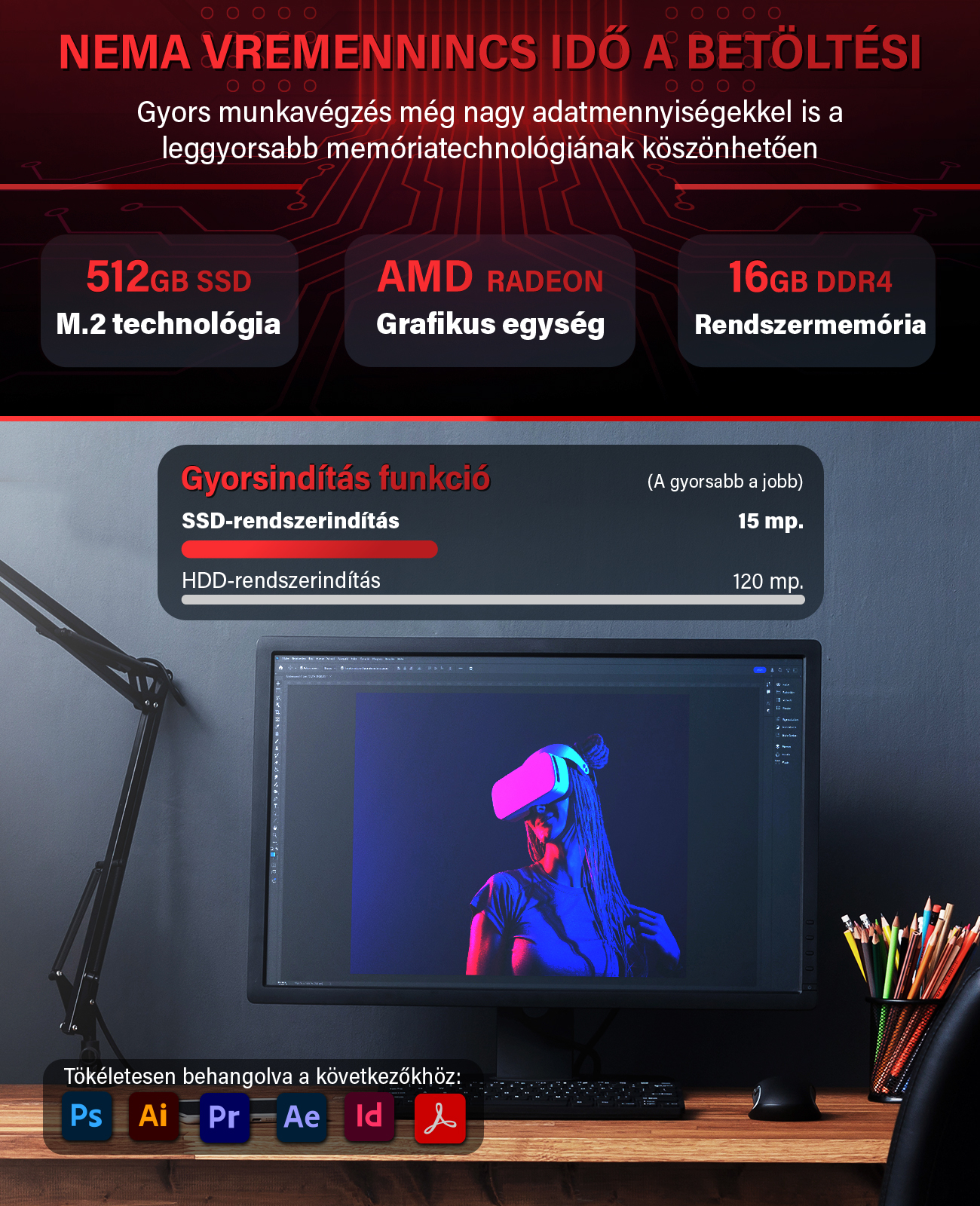 PC hirdetés hardverspecifikációkkal, SSD sebesség összehasonlítással és VR szerkesztővel.