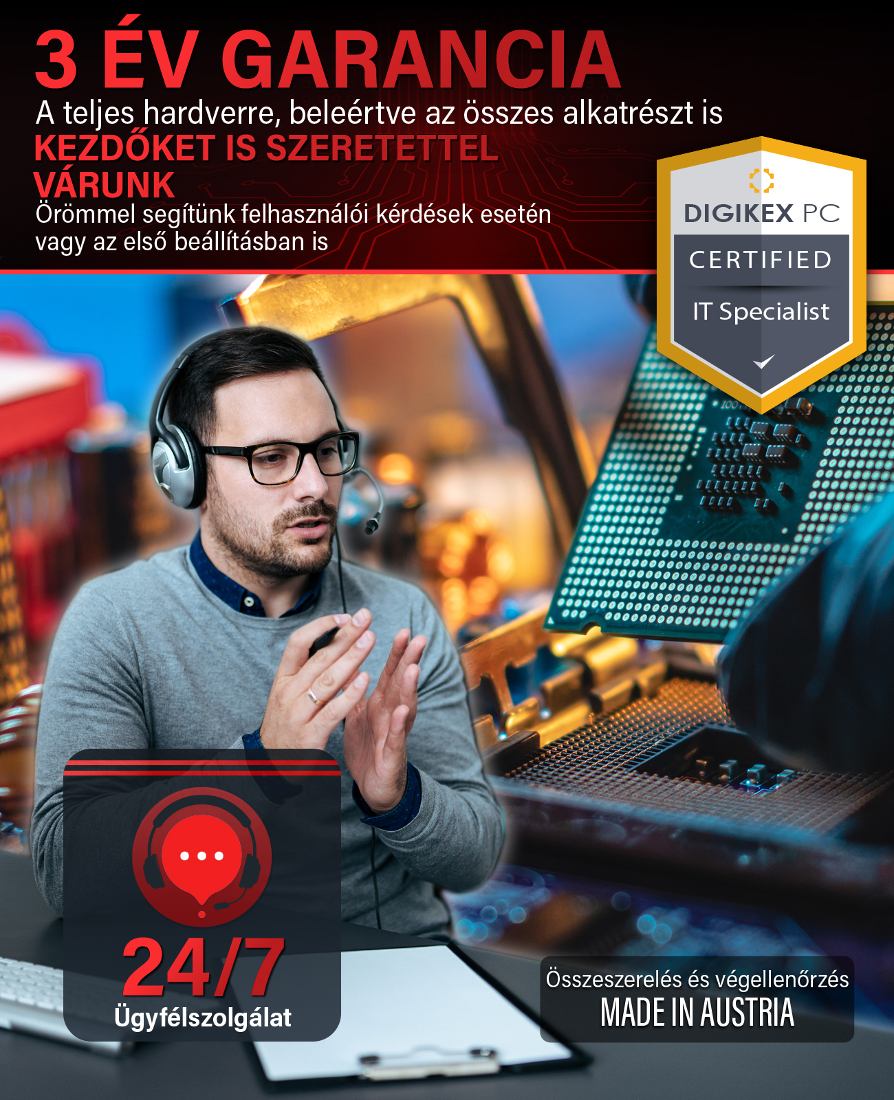 Szemüveges, headsetet viselő férfi ül számítógépes hardver előtt, magyar nyelvű feliratokkal.