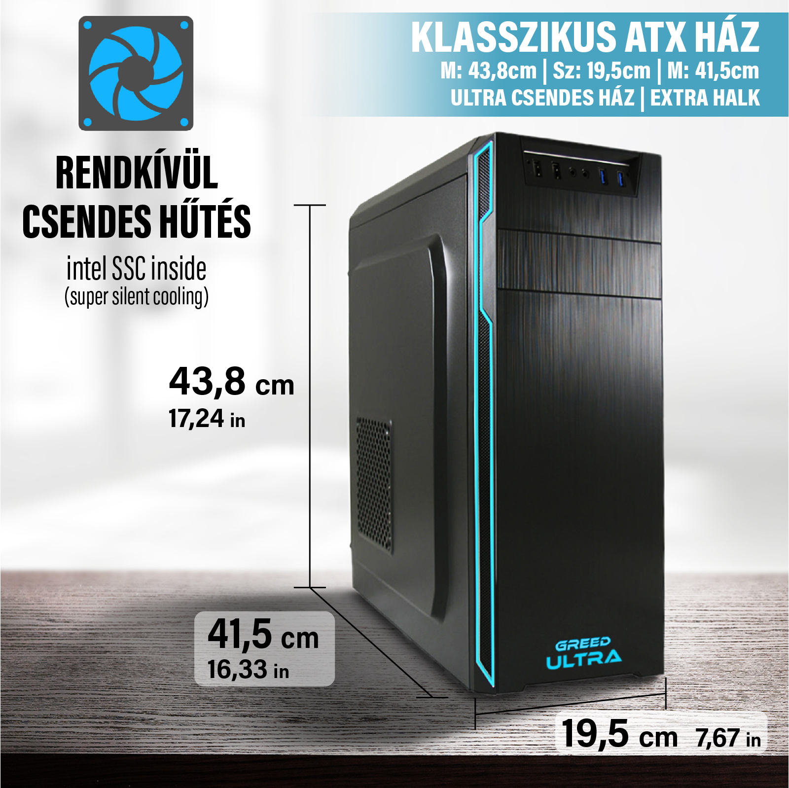 Fekete ATX PC ház kék LED világítással, méretekkel és szöveggel világos háttérrel.