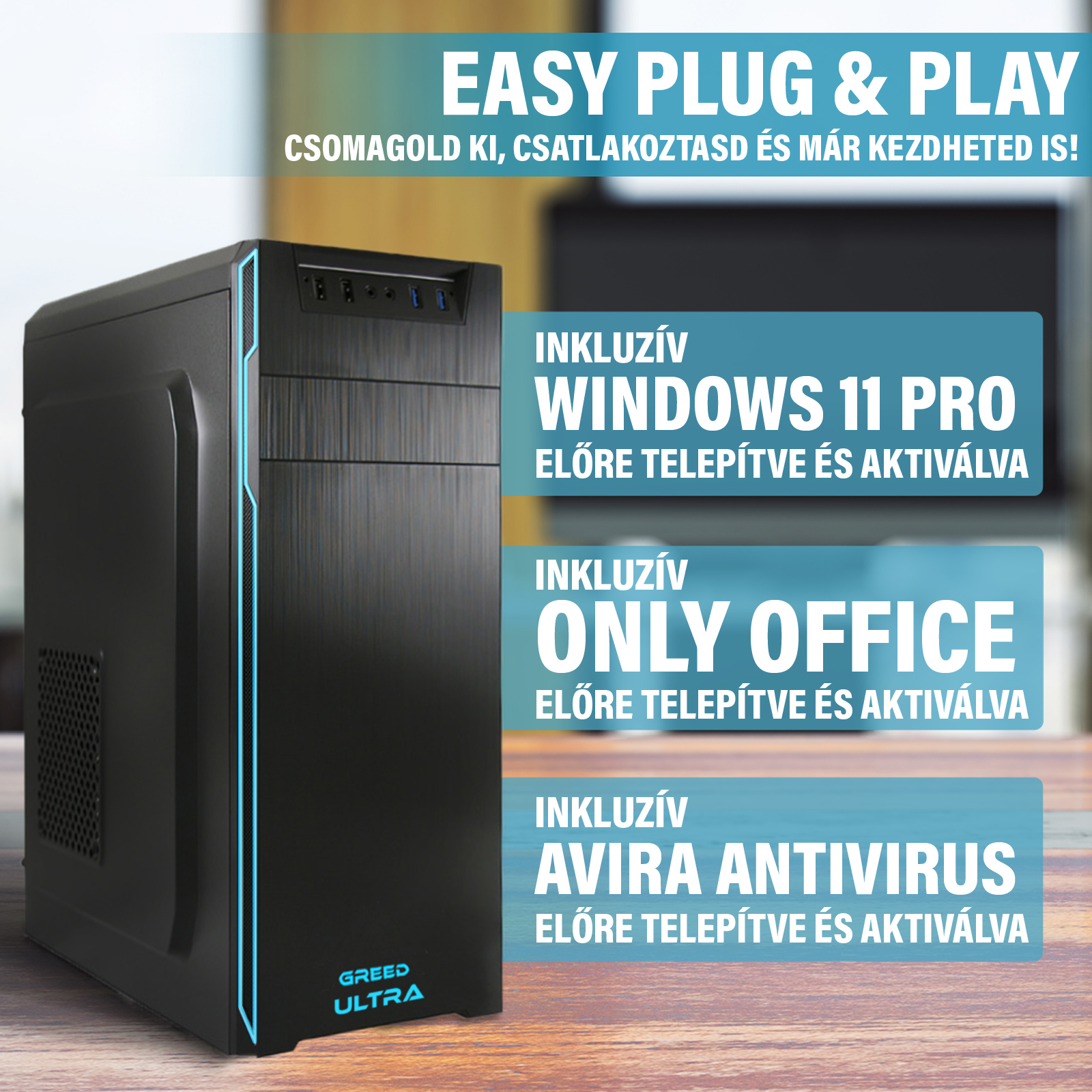 Fekete gamer PC asztalon, kék reklámfeliratokkal.