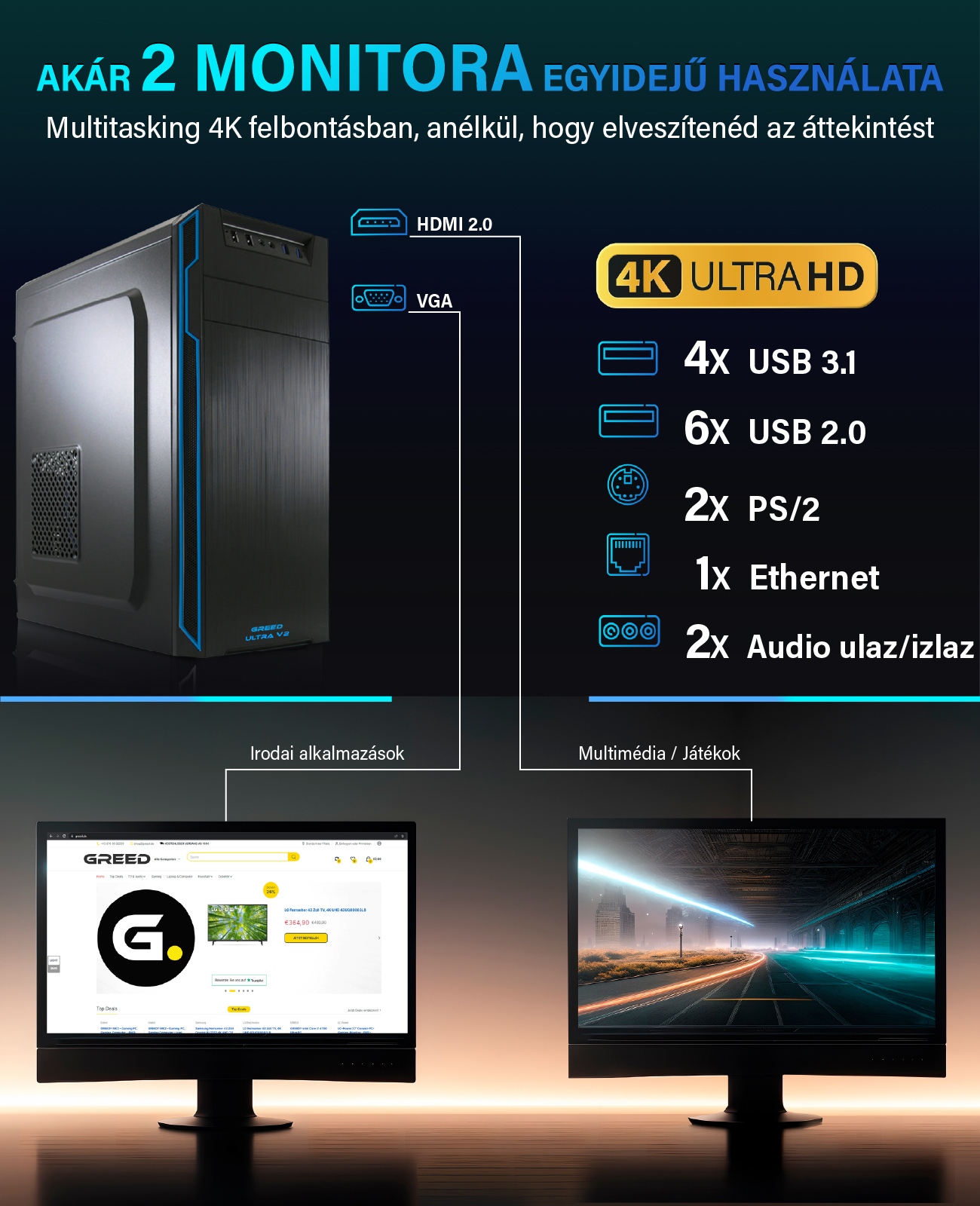 Fekete PC torony csatlakozókkal, irodai és játék célú kétmonitoros beállítást mutatva.