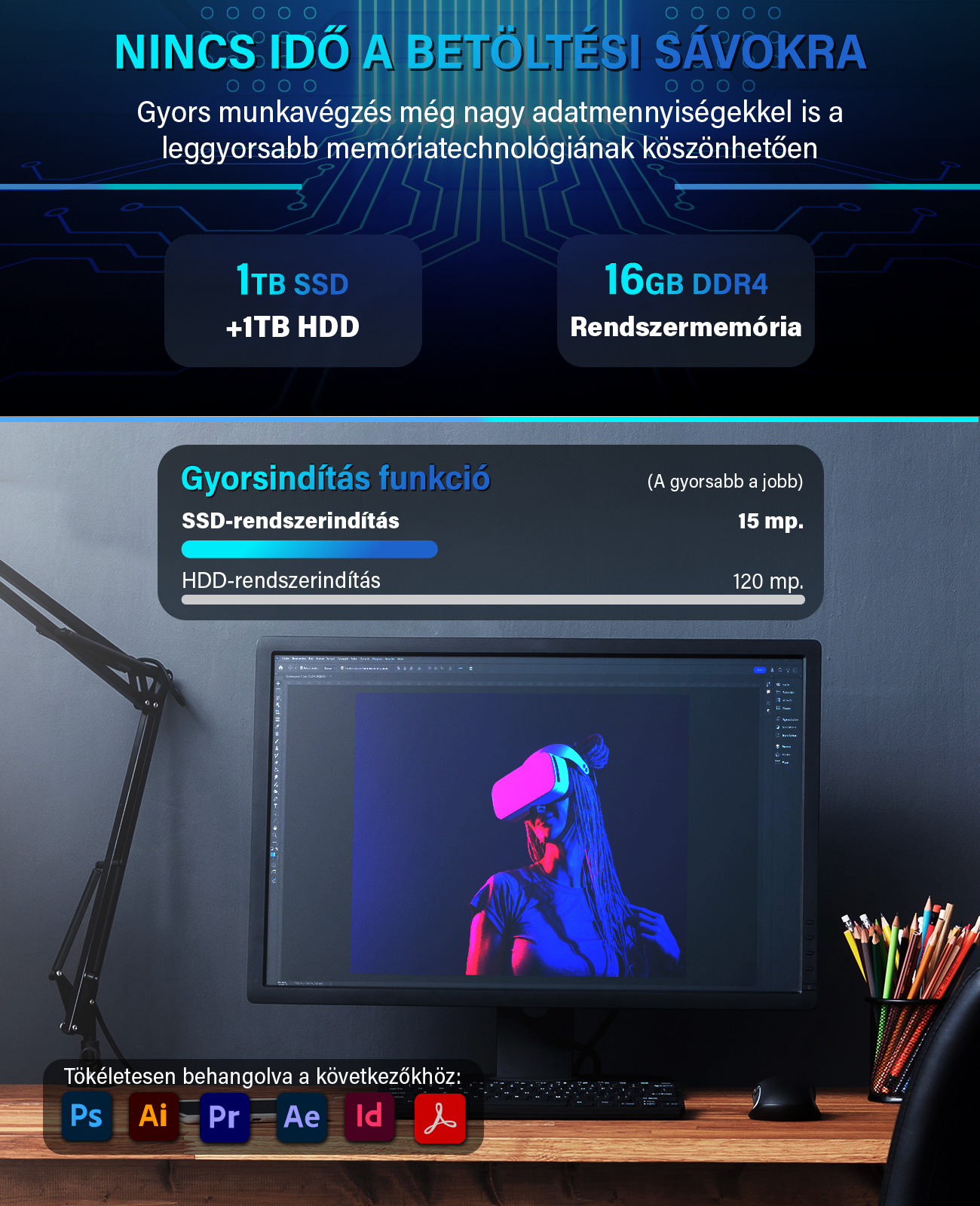 PC sebesség promóció SSD-vel, 16GB RAM-mal és grafikai programmal a monitoron.