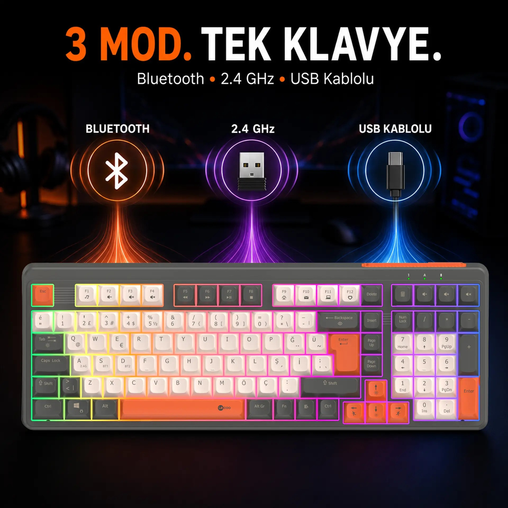 Bluetooth, 2.4 GHz ve USB kablo bağlantı seçeneklerine sahip, renkli aydınlatmalı bir klavye.