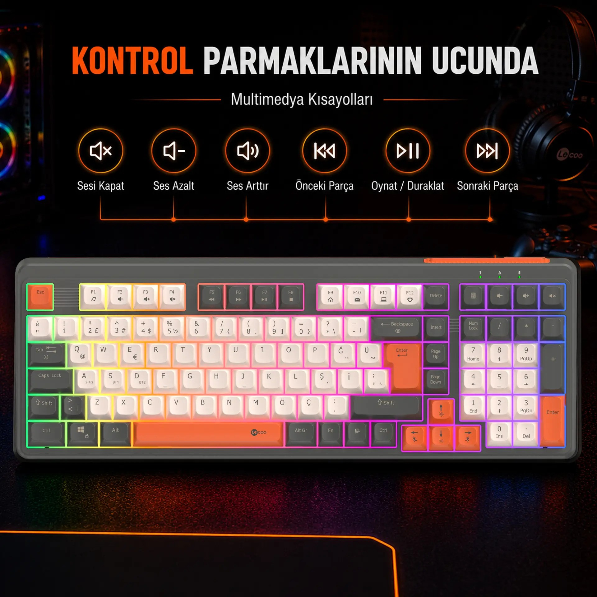 Türkçe Q dizilimli, RGB arka aydınlatmalı ve multimedya kısayol simgelerine sahip mekanik klavye.