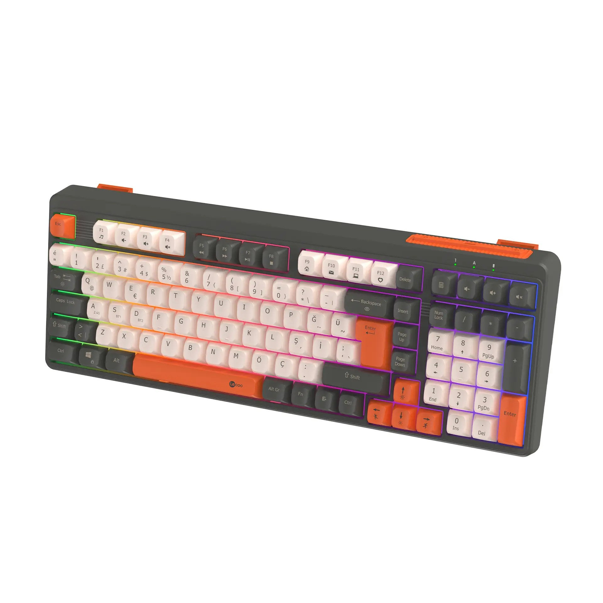 Koyu gri, beyaz ve turuncu renkli, RGB arka aydınlatmalı mekanik bir klavye.