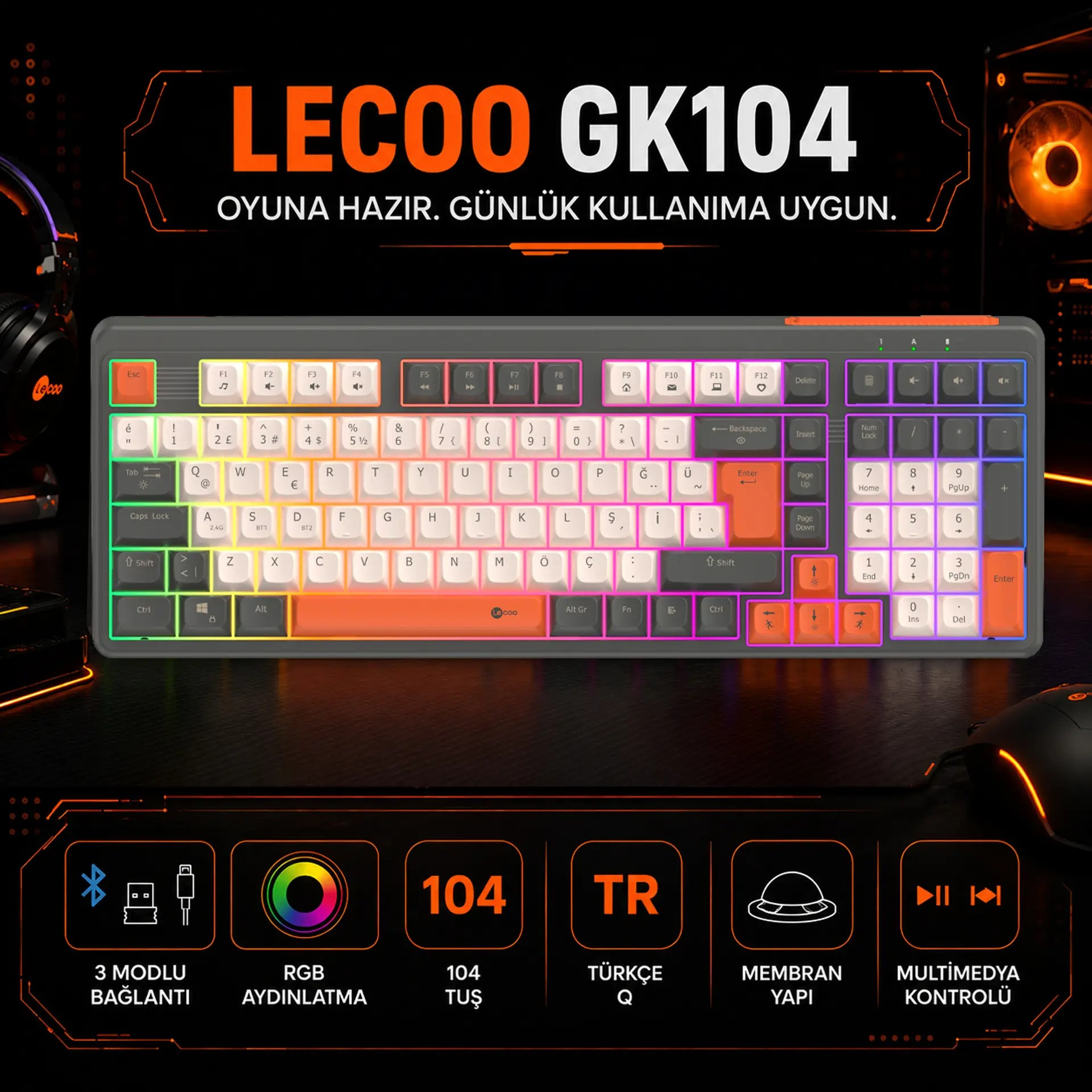 RGB aydınlatmalı Lecoo GK104 klavye ve oyun kurulumu arka planı.