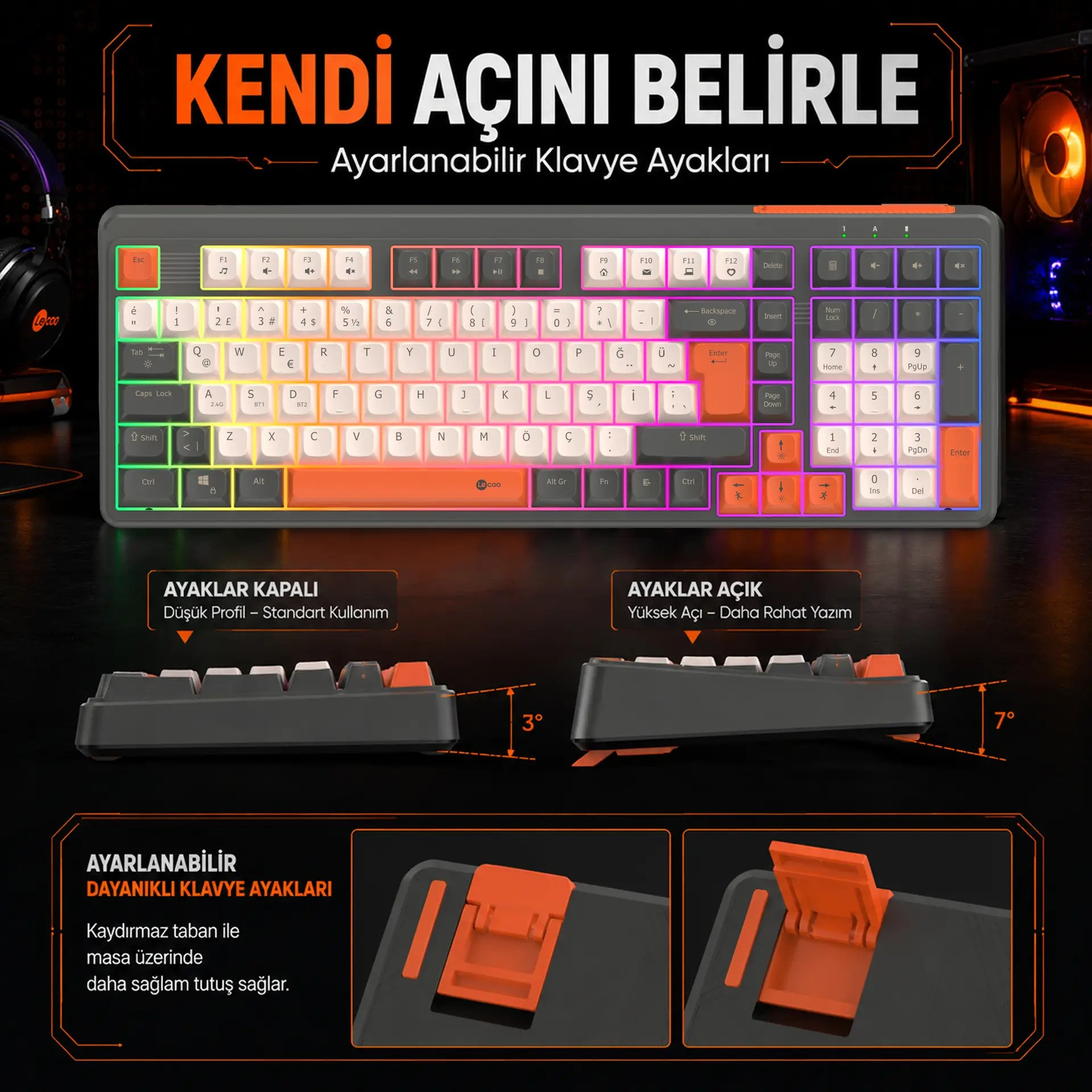 Farklı eğim açıları için ayarlanabilir ayaklara sahip gri ve turuncu renkli mekanik klavye.