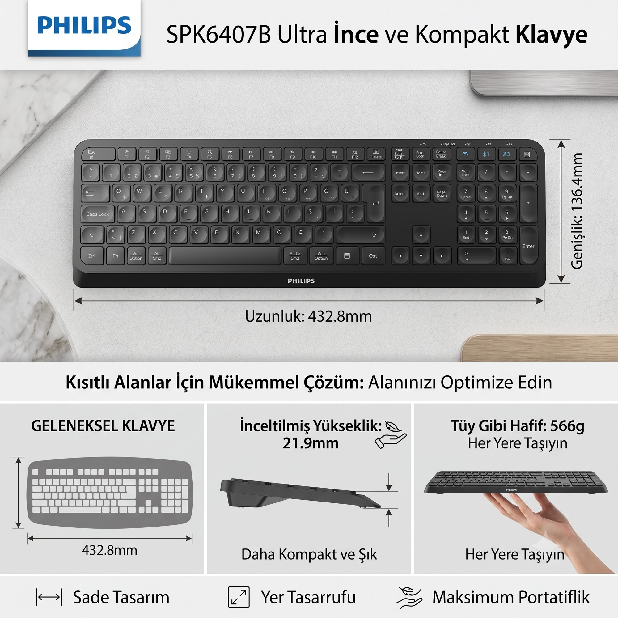 Philips SPK6407B siyah ultra ince klavye 432.8x136.4mm ölçülerinde beyaz mermer üstünde.