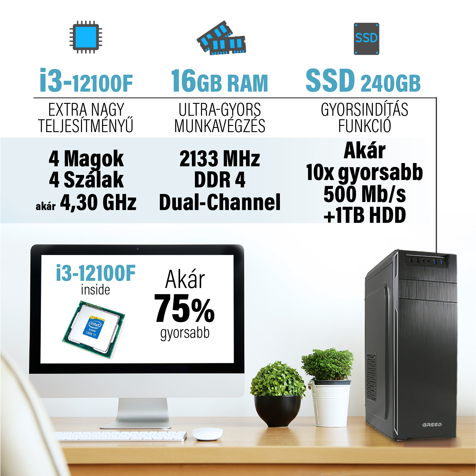 PC specifikációk i3 processzorral, 16 GB RAM-mal és SSD-vel, asztalon lévő számítógéppel és növényekkel.
