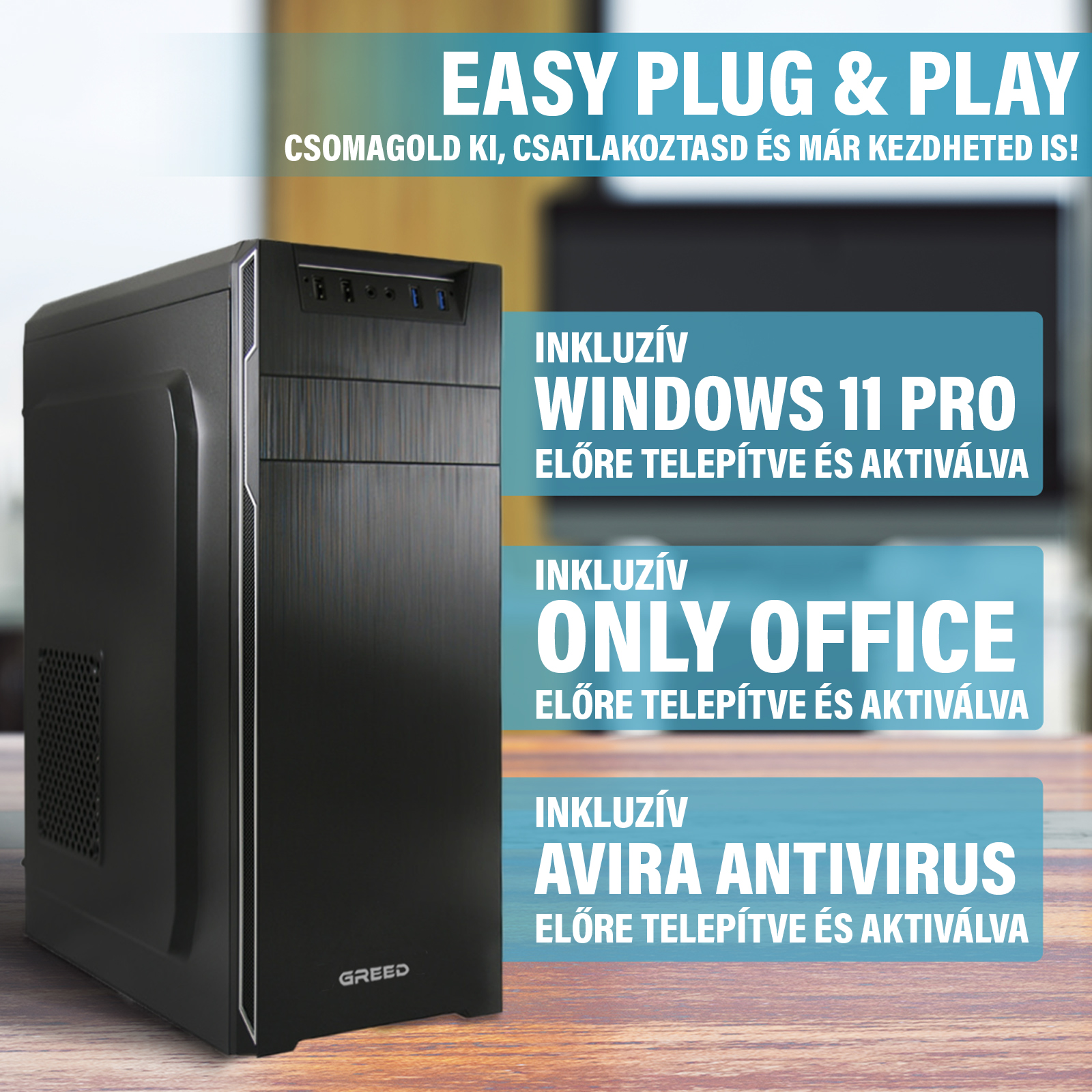 Fekete számítógépház fa asztalon, Windows 11 Pro, OnlyOffice és Avira Antivirus szoftverekkel.