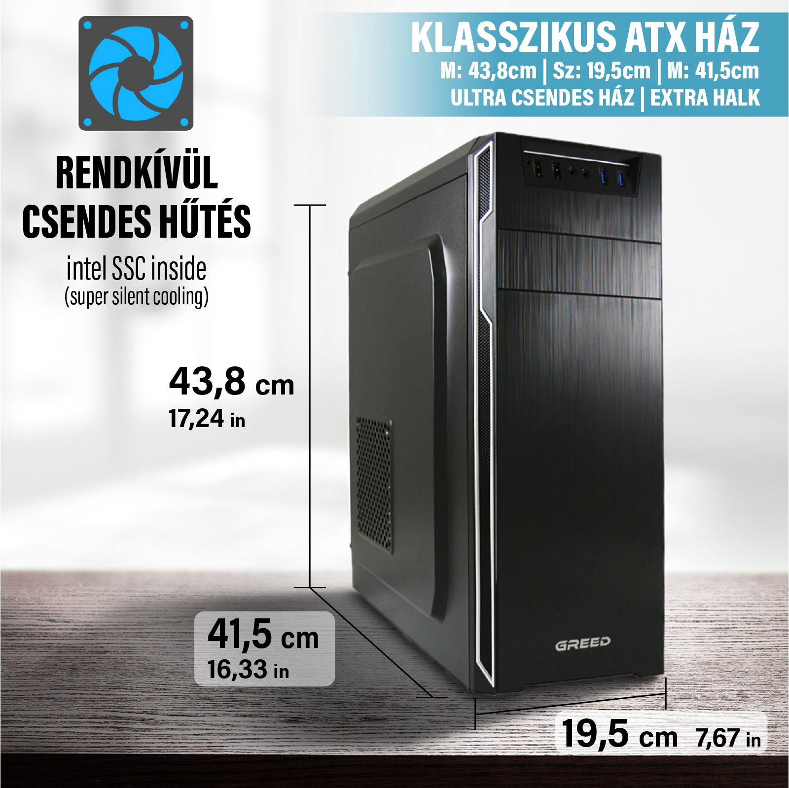 Fekete ATX számítógépház méretekkel és csendes hűtést jelző felirattal.